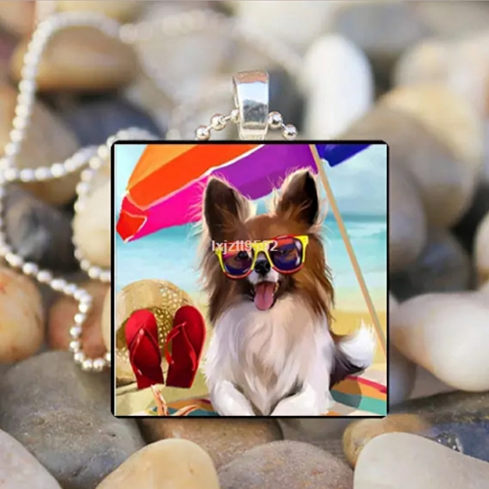 Papilon Dog on Beach Necklace silver chain square pendant *
